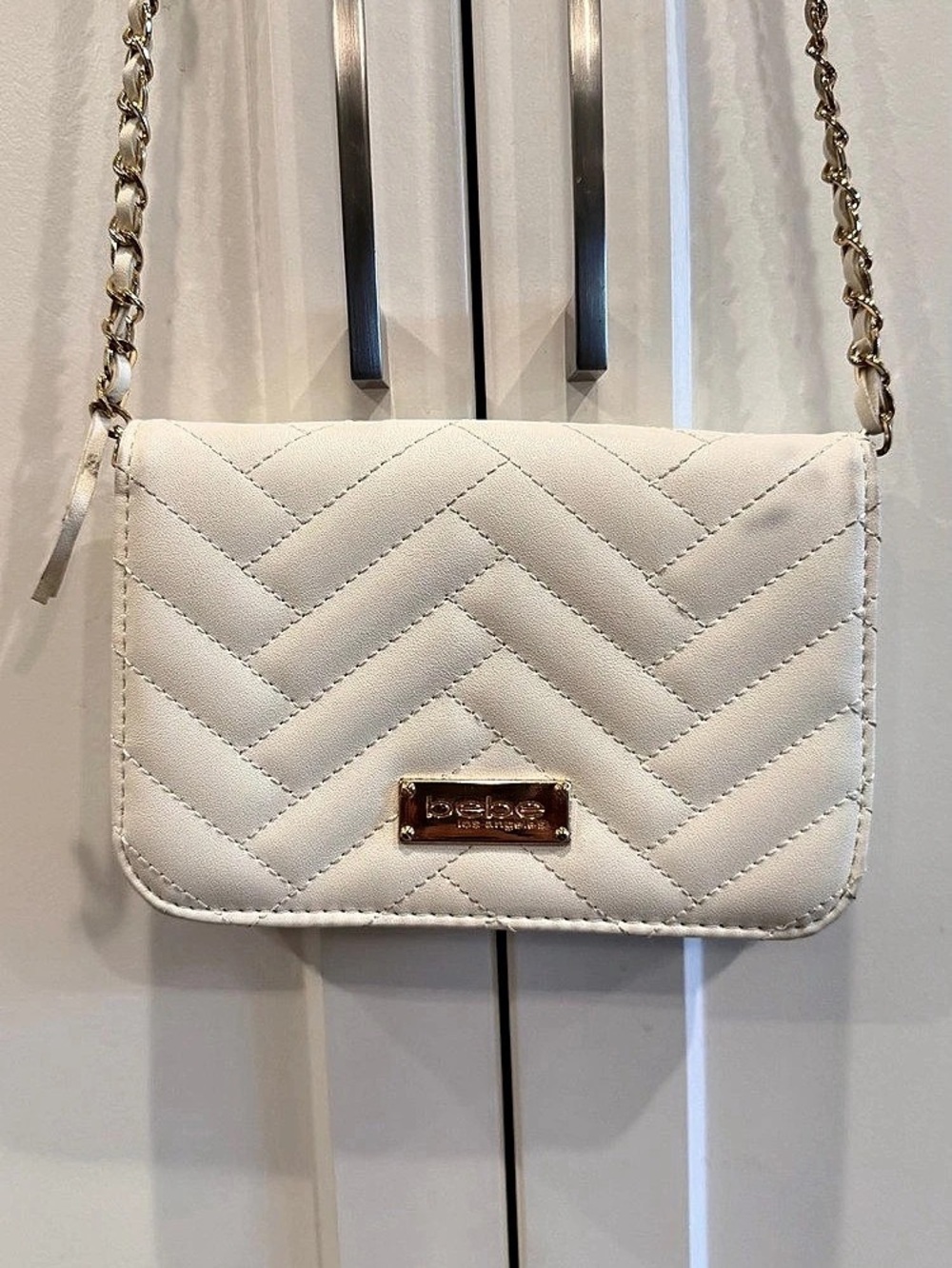 bebe Quilted Chevron Chain Crossbody Bag White